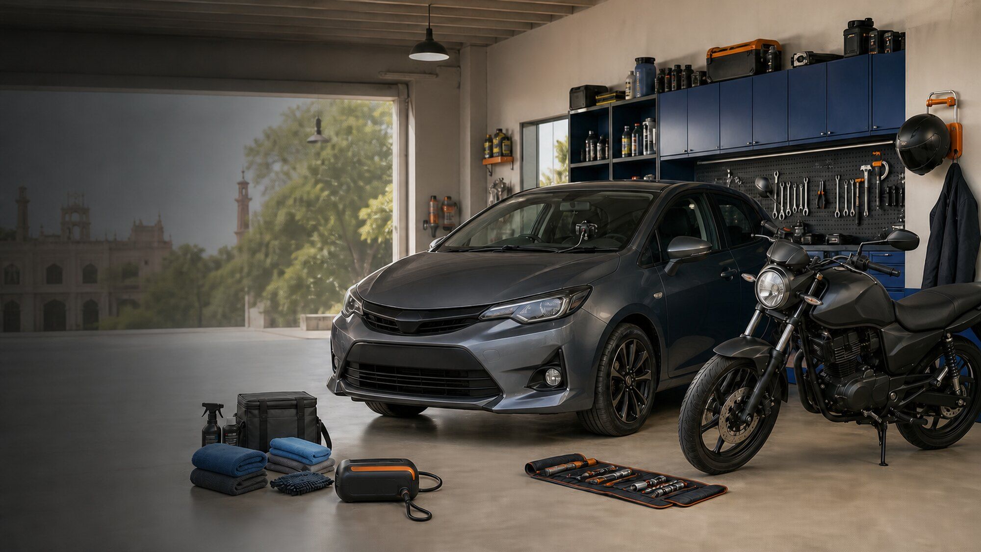 An organized workshop with a compact car, commuter motorcycle, and practical accessories